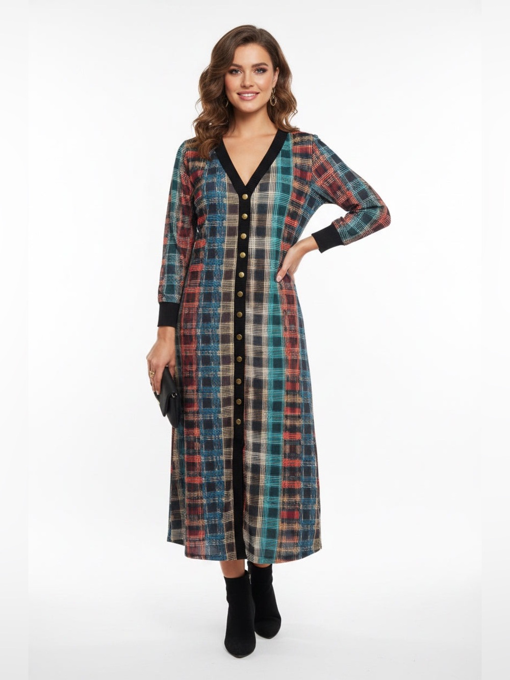 Lily Rose Multicolor Plaid Long-Sleeve Button-Front Maxi Dress with Black Trim